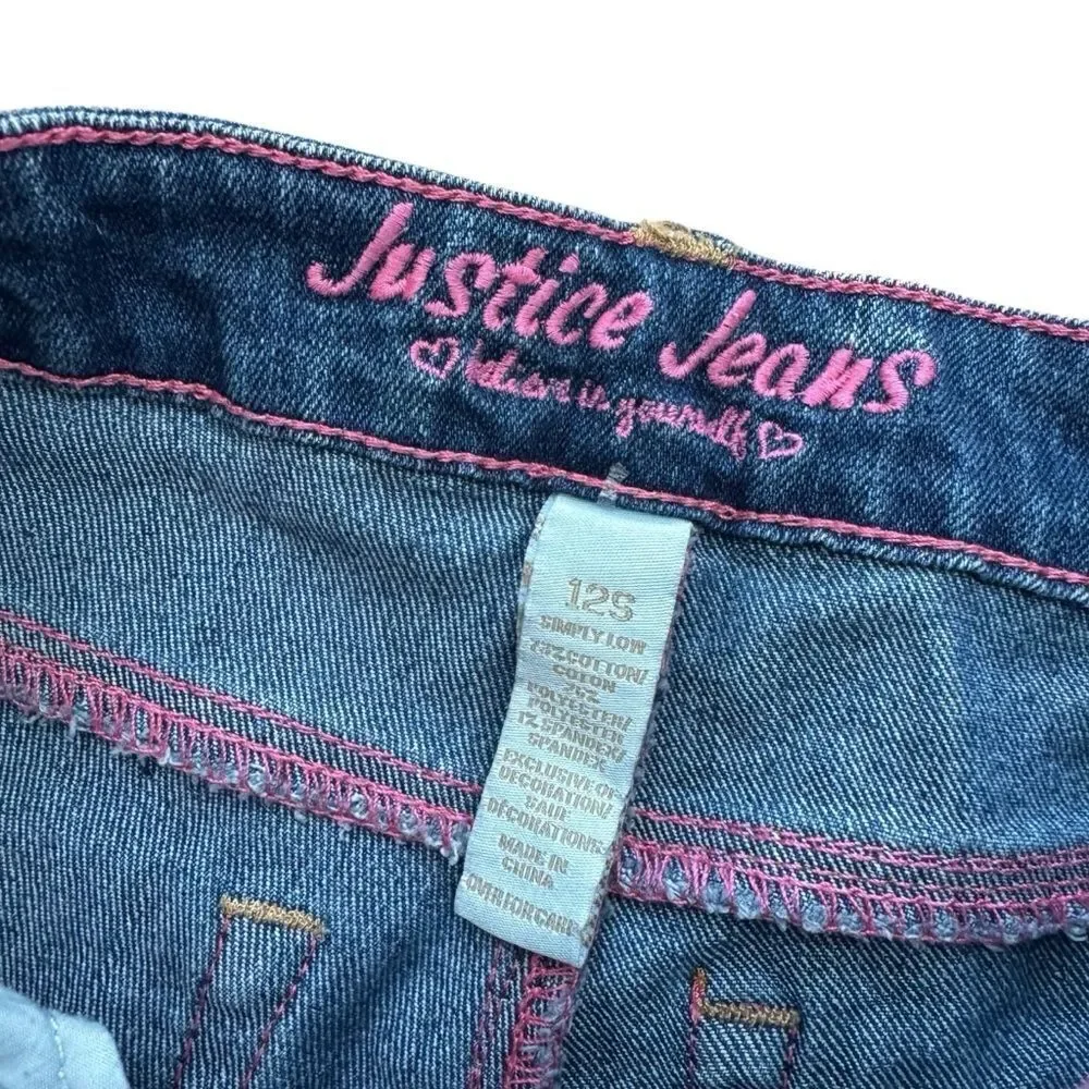 Y2K Justice Blue Denim Jeans Straight Rolled Up Cuff Faded Distressed 12S